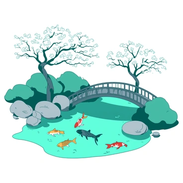 A teal meditation garden features a tranquil koi pond at its center, surrounded by smooth gray stones and soft green moss. The pond is filled with colorful koi fish swimming gracefully beneath the surface. Delicate white cherry blossom trees are in full bloom, their branches arching elegantly over the pond. A gentle breeze causes the petals to fall softly onto the water, creating ripples. A small wooden bridge crosses over one side of the pond, offering a serene view of the garden.