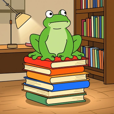 A green frog with bulging eyes is sitting comfortably on top of a stack of colorful books in a cozy small library. The stack consists of books in various sizes and colors, with some open, revealing yellowed pages. The background shows a wall lined with wooden bookshelves filled with more books, while a soft desk lamp casts a warm glow over the scene. The floor is made of polished wood, and a small round rug is placed beneath the stack of books. The frog’s head is slightly tilted as it curiously looks around, surrounded by the quiet charm of the library environment.