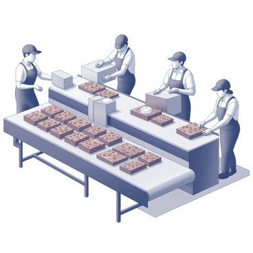 A large factory setting with a conveyor belt running through the center of the room. Several workers are positioned along the conveyor belt, each carefully packaging warm brownies. The brownies are arranged in neat rows as they move along the belt. The workers are wearing uniforms and focused on their tasks, using boxes and wrappers to pack the brownies efficiently. The scene is filled with various tools and equipment used for packaging, enhancing the industrial atmosphere of the factory.