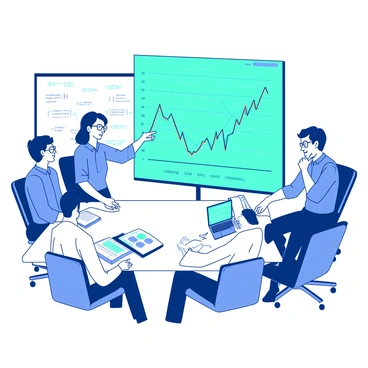 A group of four economists is gathered around a large white table, each focused on analyzing a detailed graph displayed on a teal screen. The graph illustrates various trends and data points regarding the effects of trade tariffs. One economist, wearing glasses, is pointing at a significant spike in the graph, while another is taking notes in a white notepad. A third economist has a laptop open in front of them, with colorful charts visible on the screen. The fourth economist is leaning back in their chair, thoughtfully observing the discussion. The room is brightly lit, with a whiteboard covered in notes and formulas in the background.