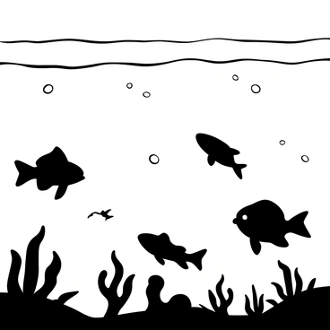 Silhouettes of tropical fish swimming below the surface of the ocean, with their shapes distorted by the gentle ripples of the water. The surface of the ocean reflects the outline of the fish, creating a harmonious interplay of shapes. The scene captures the tranquility of the ocean, emphasizing the serene movement of the fish as they glide through the water.