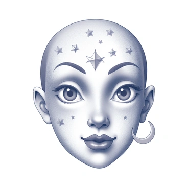 A face with intricate features, displaying a symmetrical structure. The skin texture is soft, and the eyes are large, reflecting depth and expression. Celestial motifs are woven into the facial lines, featuring stars and crescent moons that elegantly curve around the contours of the face. The stars are positioned in various sizes across the forehead and cheeks, while the moons are gracefully integrated into the jawline and temples. The overall design creates a harmonious blend of human and cosmic elements.