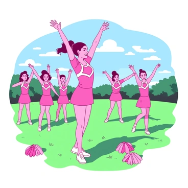 A pink cheer captain stands confidently in front of a group of cheerleaders in an open grassy field. She is wearing a bright pink uniform with white accents, and her hair is pulled back into a high ponytail. The cheer captain is demonstrating a complex cheer move, her arms raised high above her head. In the background, the green grass stretches out under a clear blue sky. The other cheerleaders, dressed in matching pink uniforms, are following her lead, their faces focused and determined as they practice synchronously. Several colorful pom-poms are scattered on the ground nearby, adding a vibrant touch to the scene.