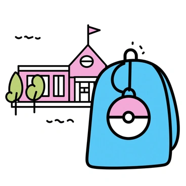 A red and white Pokéball keychain, detailed with black lines to emphasize its features, is hanging from a zipper of a blue backpack. The backpack sits against a backdrop of a school building, characterized by large windows and a flagpole with a flag at the top. The school has a brick exterior, and a few trees are positioned near the entrance, providing a sense of environment.