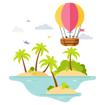 An airship with a large, colorful balloon floats above a cluster of lush, tropical islands. The airship features a rustic wooden gondola with passengers peering over the edge, enjoying the view. Below, the islands are dotted with vibrant green palm trees and sandy beaches. Clear turquoise water surrounds the islands, and fluffy white clouds drift lazily in the blue sky above. Various birds can be seen soaring near the airship, adding life to the scene.