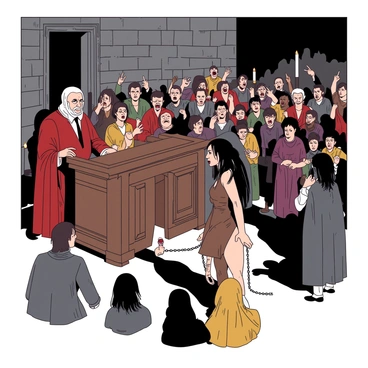 A medieval courtroom is filled with a crowd of onlookers, their expressions a mix of curiosity and condemnation. At the center, a woman stands in chains, her face displaying a mixture of fear and defiance. She has long, dark hair and is wearing a tattered brown dress. The judge, an older man with a stern expression and wearing a long red robe, sits elevated at a wooden bench, looking down at the accused. To one side, a group of accusers points at the woman, their faces filled with outrage. The stone walls of the courtroom are dimly lit by flickering candles, casting eerie shadows throughout the space. The atmosphere is tense, capturing the gravity of the trial.