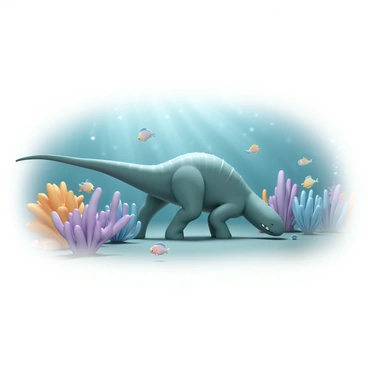 A dinosaur, resembling a large marine reptile, is swimming underwater. Its scales are a mix of deep green and blue hues, blending with the surrounding aquatic environment. The dinosaur's long tail is gracefully propelling it through the water, while its limbs are extended, gliding smoothly. Surrounding the dinosaur are vibrant sea plants, showcasing shades of bright purple, orange, and yellow. Small fish with iridescent scales dart around the dinosaur, and a colorful coral formation is visible in the background, adding to the lively underwater scene. Light filters down from the surface, creating a shimmering effect in the water.