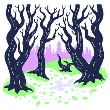 A dark forest filled with twisted trees, their gnarled branches stretching out in various directions. The ground is covered with a thick layer of leaves, creating a soft, uneven path. Shadows are cast between the trunks, forming eerie shapes that loom and shift as if they have a life of their own. A gentle mist hangs low, swirling around the base of the trees, enhancing the mysterious atmosphere. In the background, faint outlines of more trees can be seen, receding into the darkness.