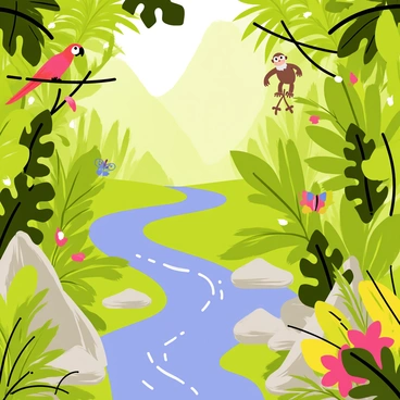 A flat design illustration depicting a dense jungle filled with vibrant green foliage and tropical trees. Various exotic animals are scattered throughout the scene, including a bright red parrot perched on a branch, a playful monkey swinging from the trees, and a colorful butterfly fluttering near the flowers. A winding river flows through the jungle, its water a clear blue with gentle ripples. Smooth stones line the riverbanks, and patches of sunlight filter through the canopy, creating spots of light on the forest floor.
