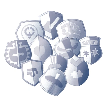 A series of emblems or crests, each representing a different region, arranged to form a harmonious and intricate larger pattern. Each emblem displays unique symbols and designs that reflect the culture and heritage of its respective region. The emblems vary in shape and size, with some featuring circular designs while others are shield-like. The overall composition showcases a blend of these emblems interconnected, creating a visually engaging tapestry of diverse regional identities.