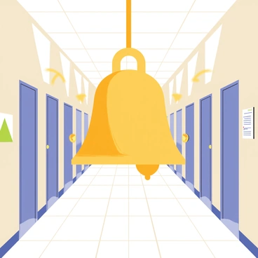 A classic school bell hanging from the ceiling, with a polished brass finish and a shiny clapper. The bell is shown in mid-ring, with sound waves radiating outward to indicate its loud ringing. The hallway is long and empty, lined with lockers painted in muted colors. The floor is tiled in a checkerboard pattern, and the walls are adorned with posters that promote school events. Soft light filters through tall windows, casting shadows on the floor, signifying the start of the school day.