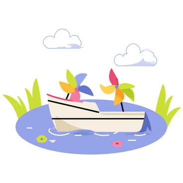 A tiny boat with a sleek design is floating on a calm pond. The boat has colorful pinwheels acting as sails, spinning gently in the breeze. The water is clear with small ripples around the boat, reflecting the vibrant colors of the pinwheels. Lush green reeds frame the pond, and a few delicate flowers can be seen along the water's edge. A bright blue sky overhead is dotted with fluffy white clouds.