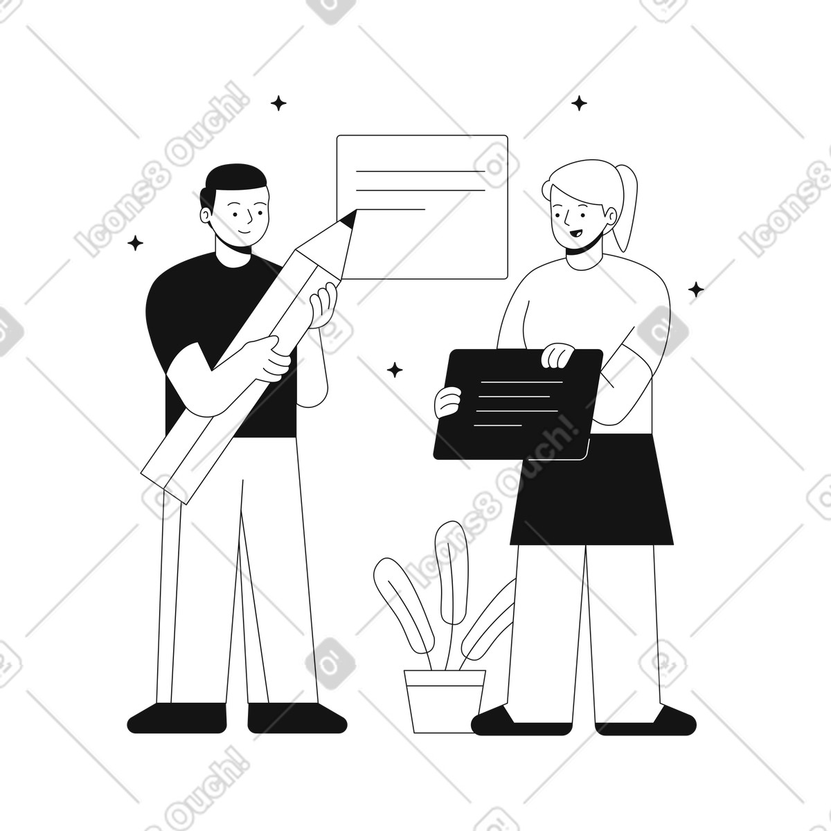 Teams スタイルの 鉛筆を持った男性とタブレットを持った女性がチームワークをします のイラストをPNG、SVG形式でダウンロード