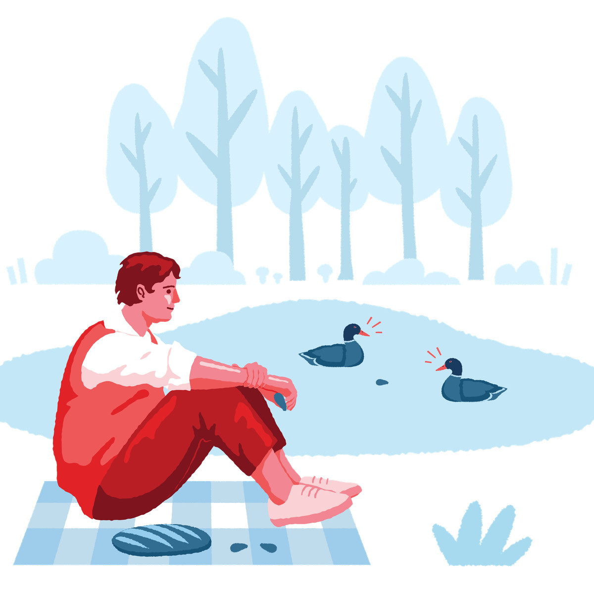 Man feeding ducks in a park illustration Cherry style download PNG, SVG