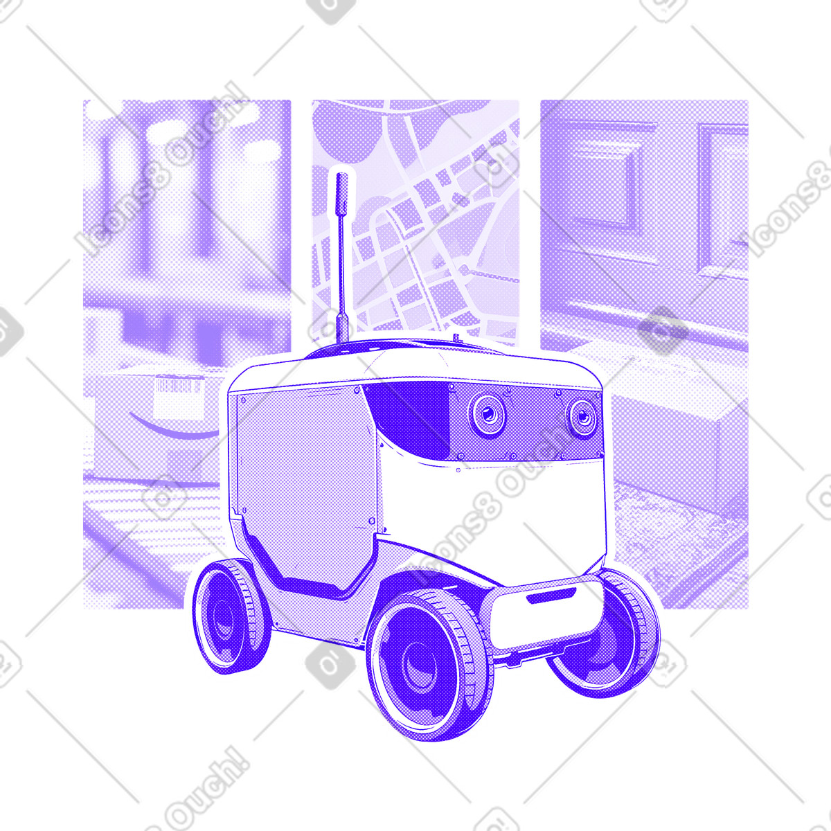 Ilustración Robot de reparto autónomo, servicio mensajería. en estilo Halftone a descargar en PNG y SVG
