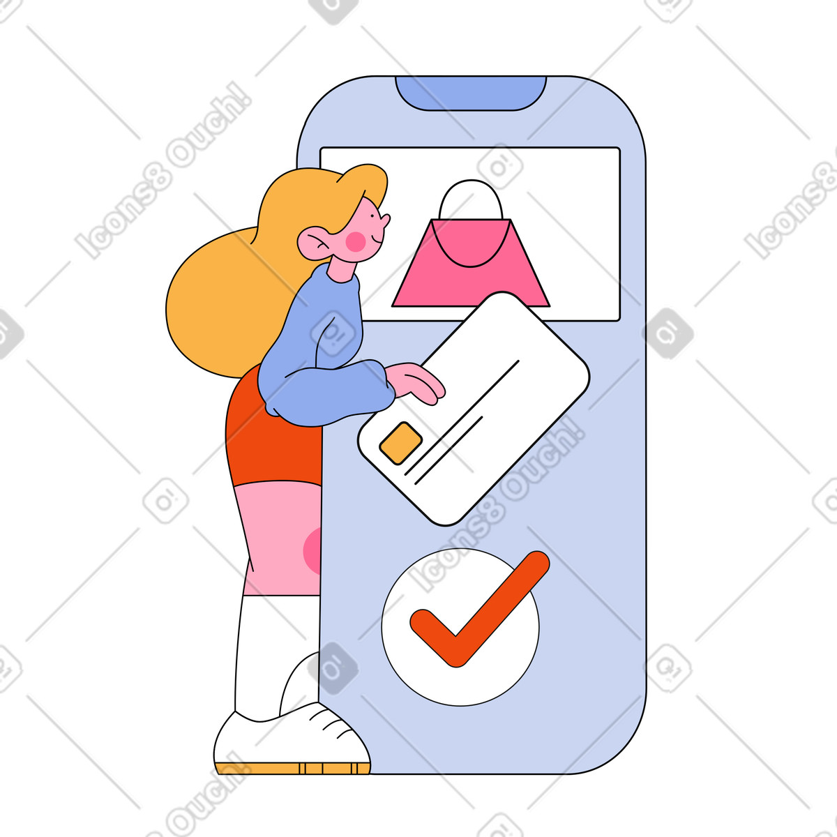 Ilustración Mujer comprando bolsa con tarjeta de crédito en línea estilo Bloom a descargar PNG y SVG