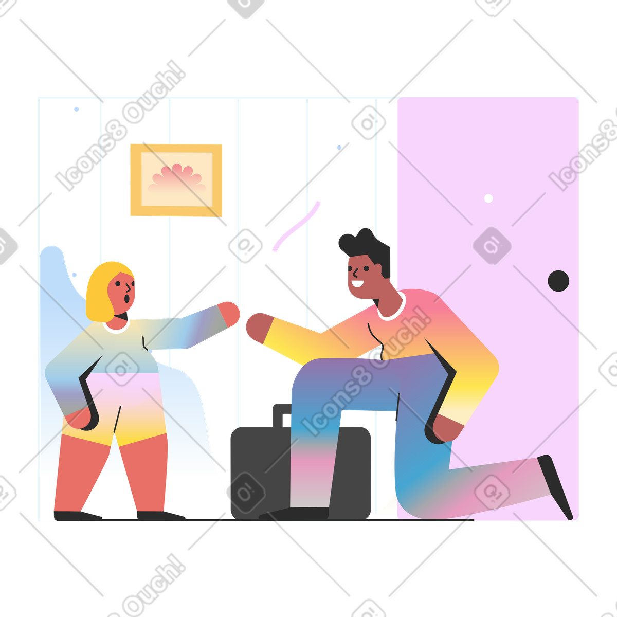 Illustration Homme rentrant d'un voyage d'affaires et fille le rencontrant dans style Marginalia à télécharger aux formats PNG, SVG