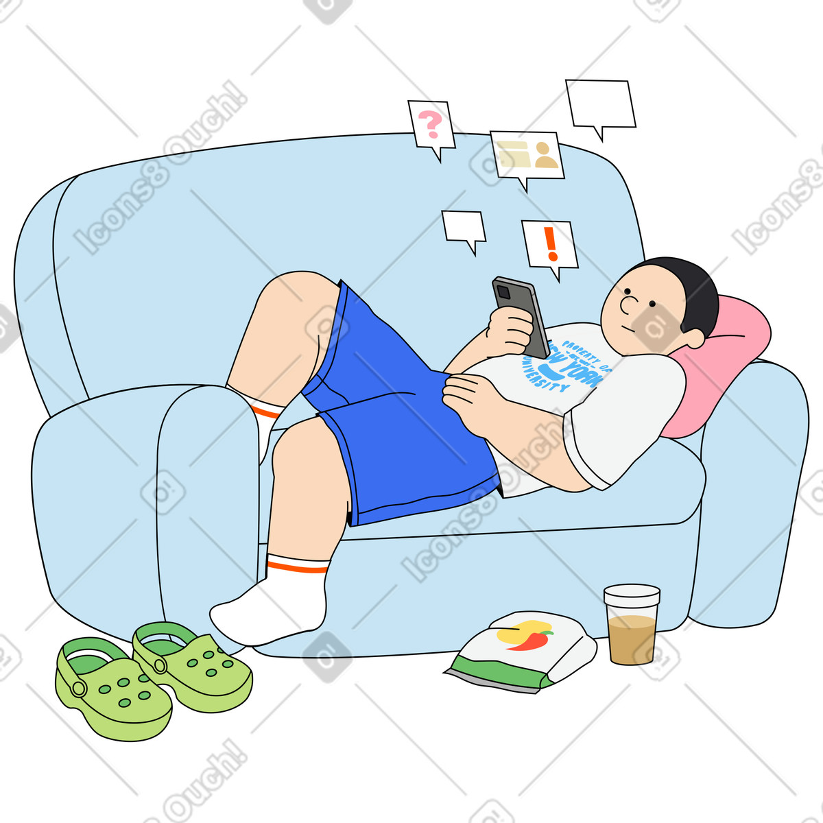 Man doomscrolling on the Internet-Illustration im Kindy-Stil als Download in PNG, SVG