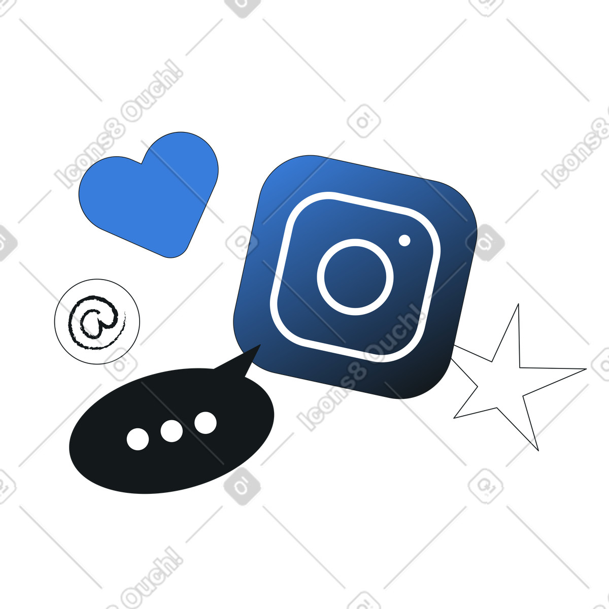 Ilustración Icono de instagram con corazón y burbuja chat. interacción en redes sociales. estilo Midnight a descargar PNG SVG