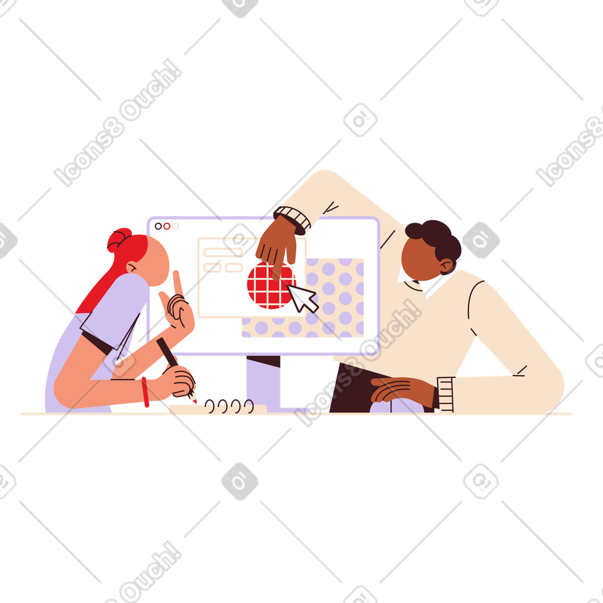 Ilustración Entrenador de negocios explica el material a la mujer en estilo Folks descargar en PNG y SVG