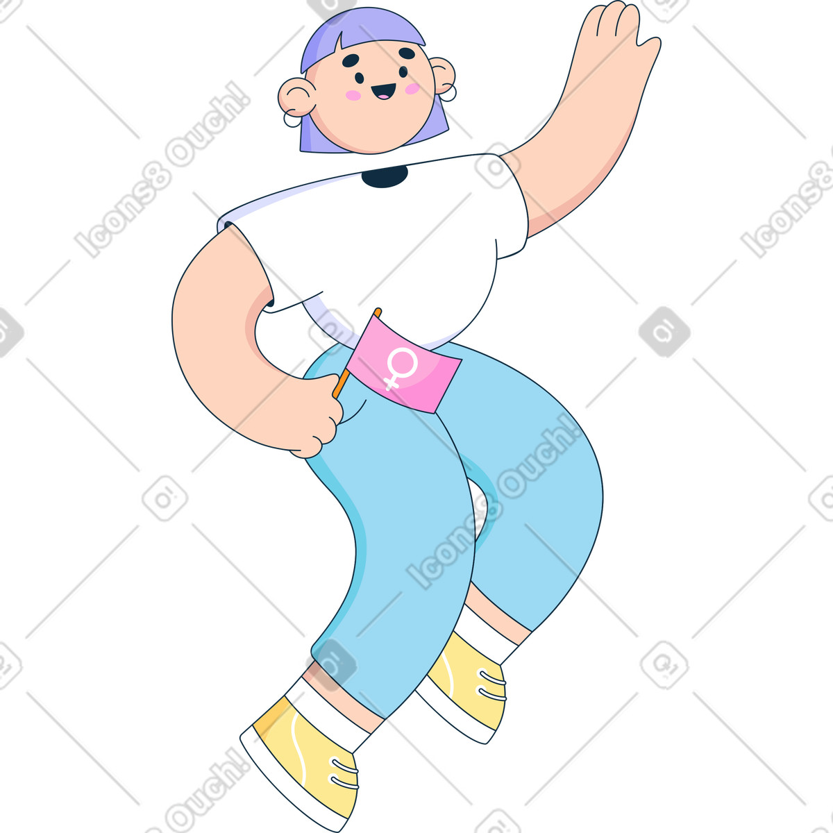 Ilustração de Jovem segurando uma pequena bandeira com símbolo feminino na mão em no estilo Bubble gum para baixar em PNG, SVG