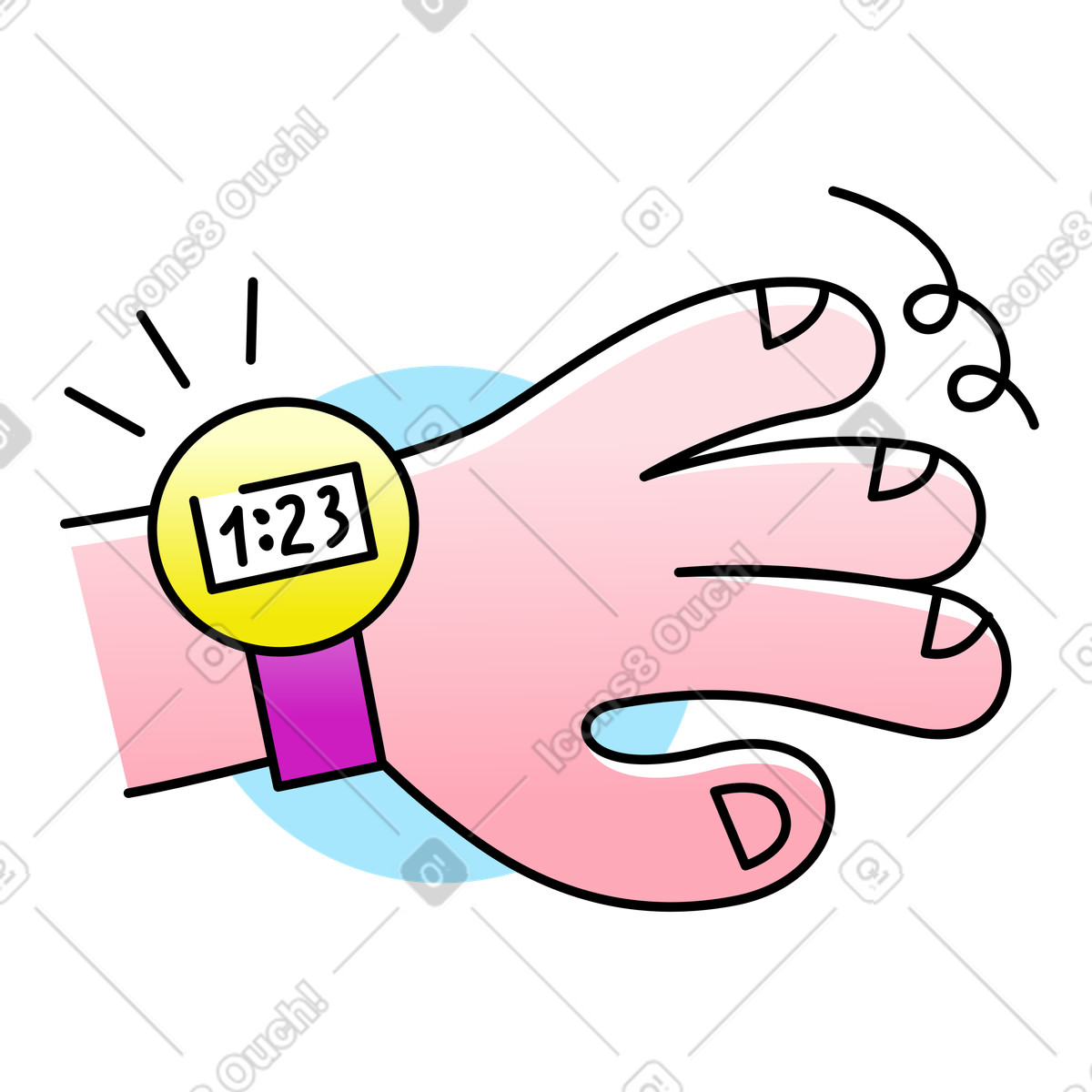 Ilustración Mano con reloj de pulsera que muestra la hora. en estilo Pocus a descargar en PNG y SVG
