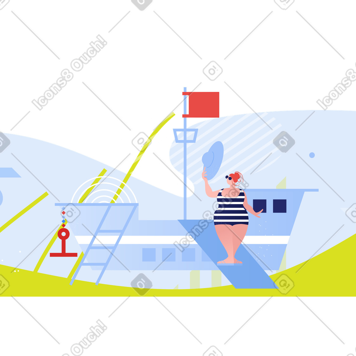 Woman walking on a ship gangway illustration in Clip style download in PNG, SVG