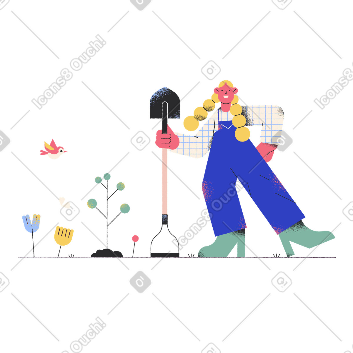 Woman holding shovel illustration in Pablo style download in PNG, SVG