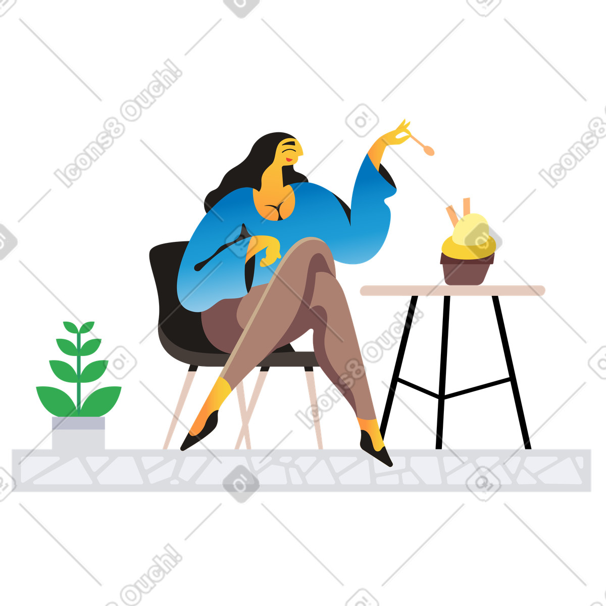Ilustración Mujer comiendo helado en una cafetería estilo Jaconda a descargar PNG y SVG