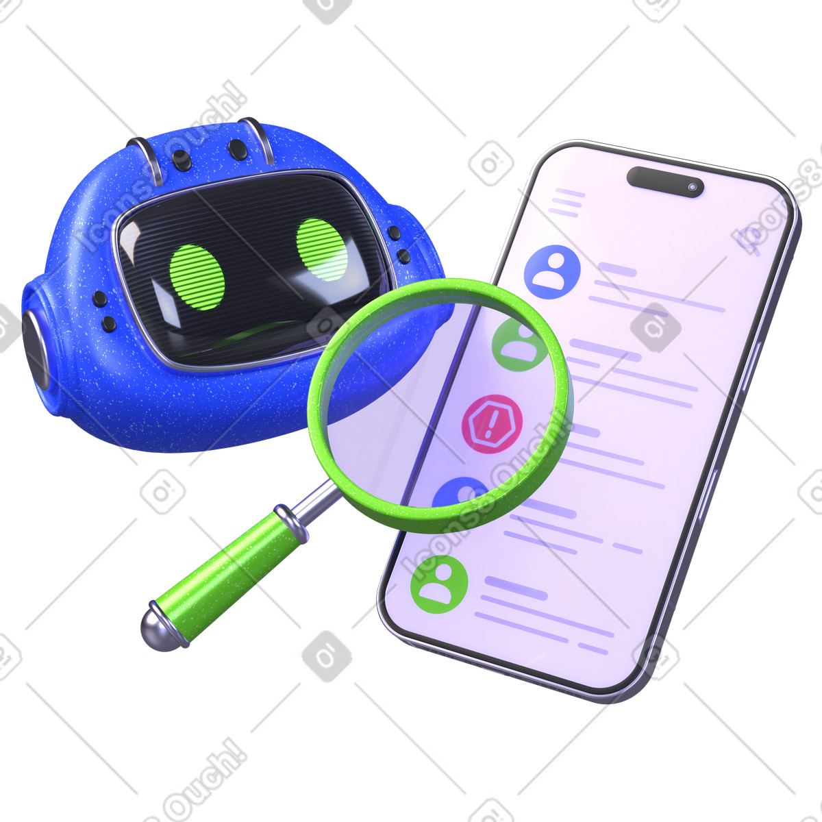 Futuristic AI assistant scanning phone inbox, Automated message analysis and smart email filtering illustration in 3D Boost style download in PNG, SVG
