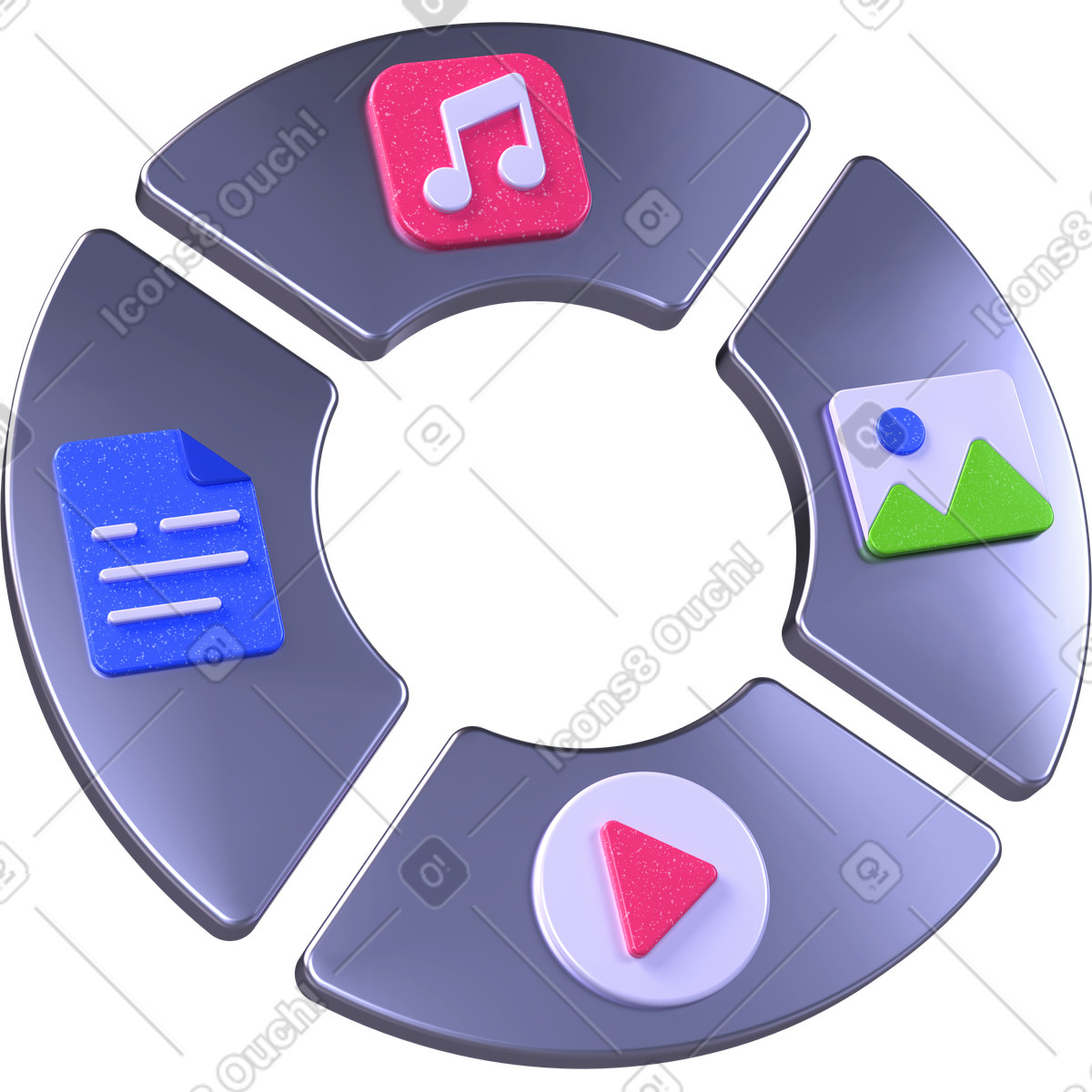 Illustration Gestion de contenu, cycle vie des médias numériques, système flux travail créatif dans le style 3D Boost à télécharger aux formats PNG, SVG