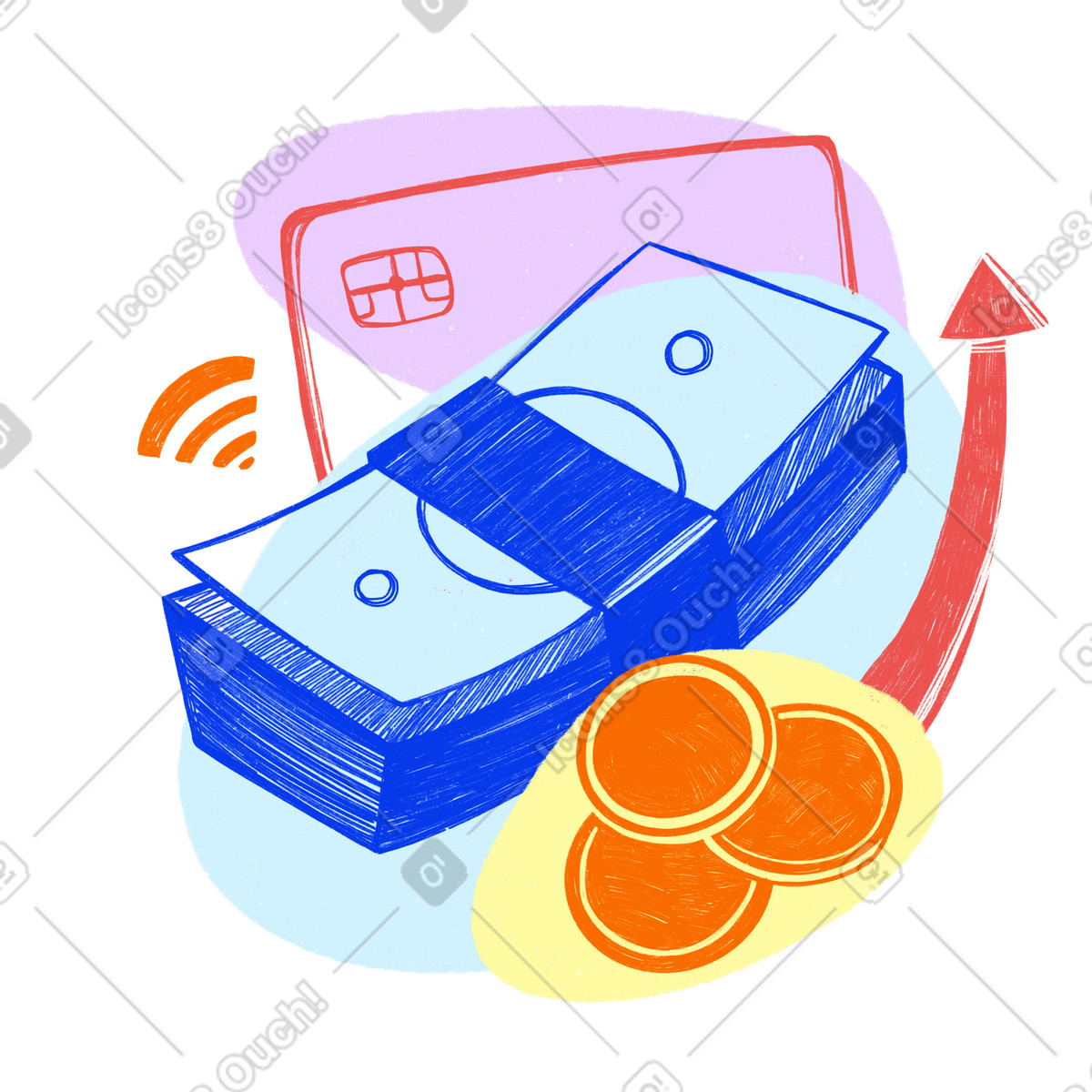 Monetary accumulation of coins and bills their growth illustrazione in stile Biro scarica in PNG, SVG