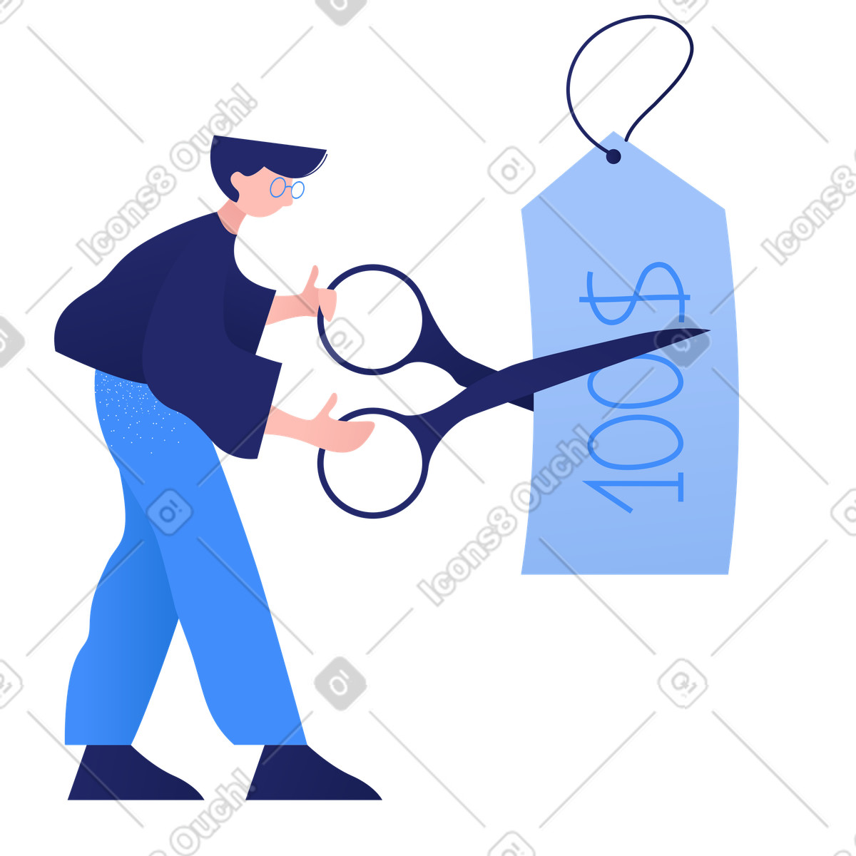 Man cutting a price tag with scissors and making big discount illustration in Clip style download in PNG, SVG