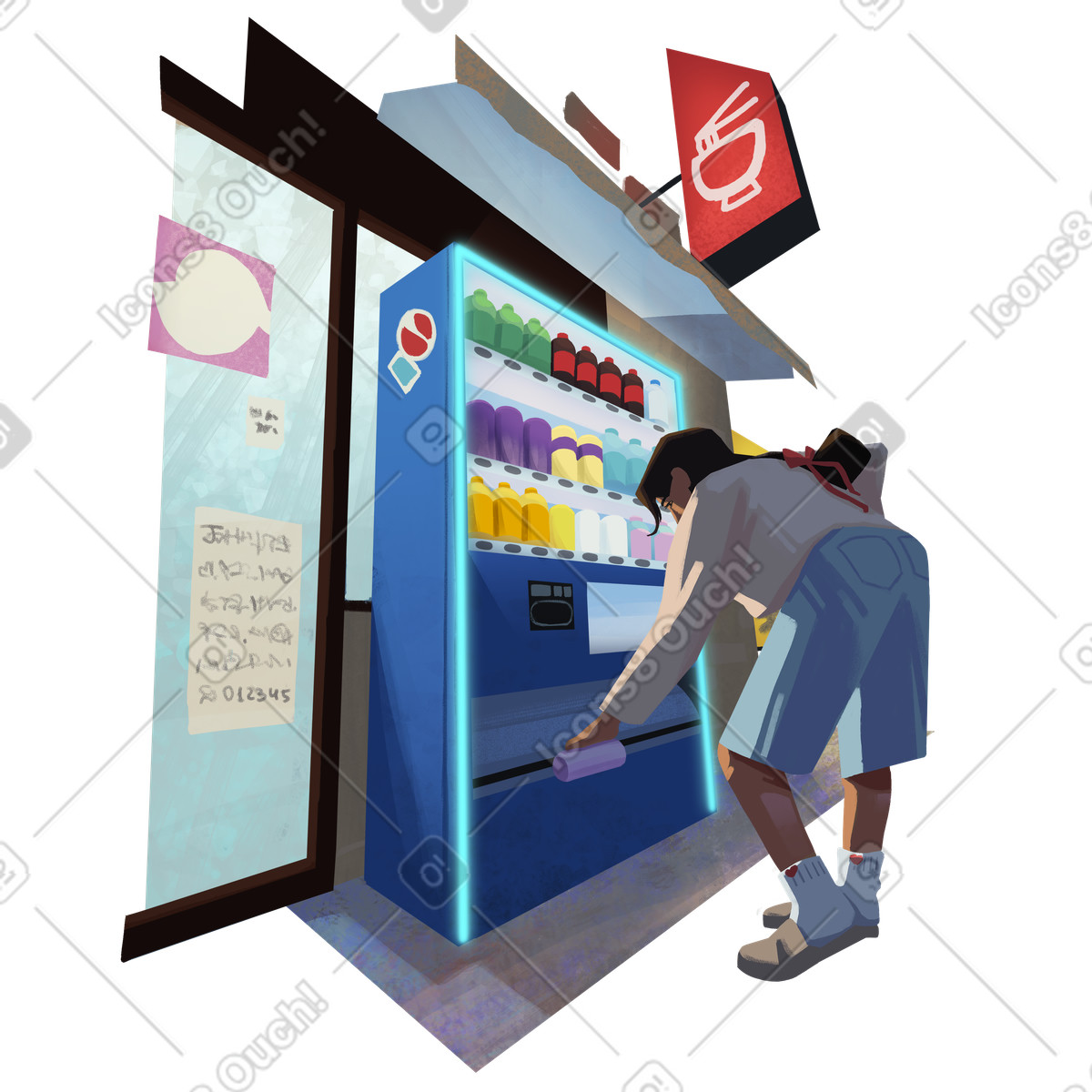 Woman buying a drink from vending machine illustrazione in stile Lush scarica in PNG, SVG