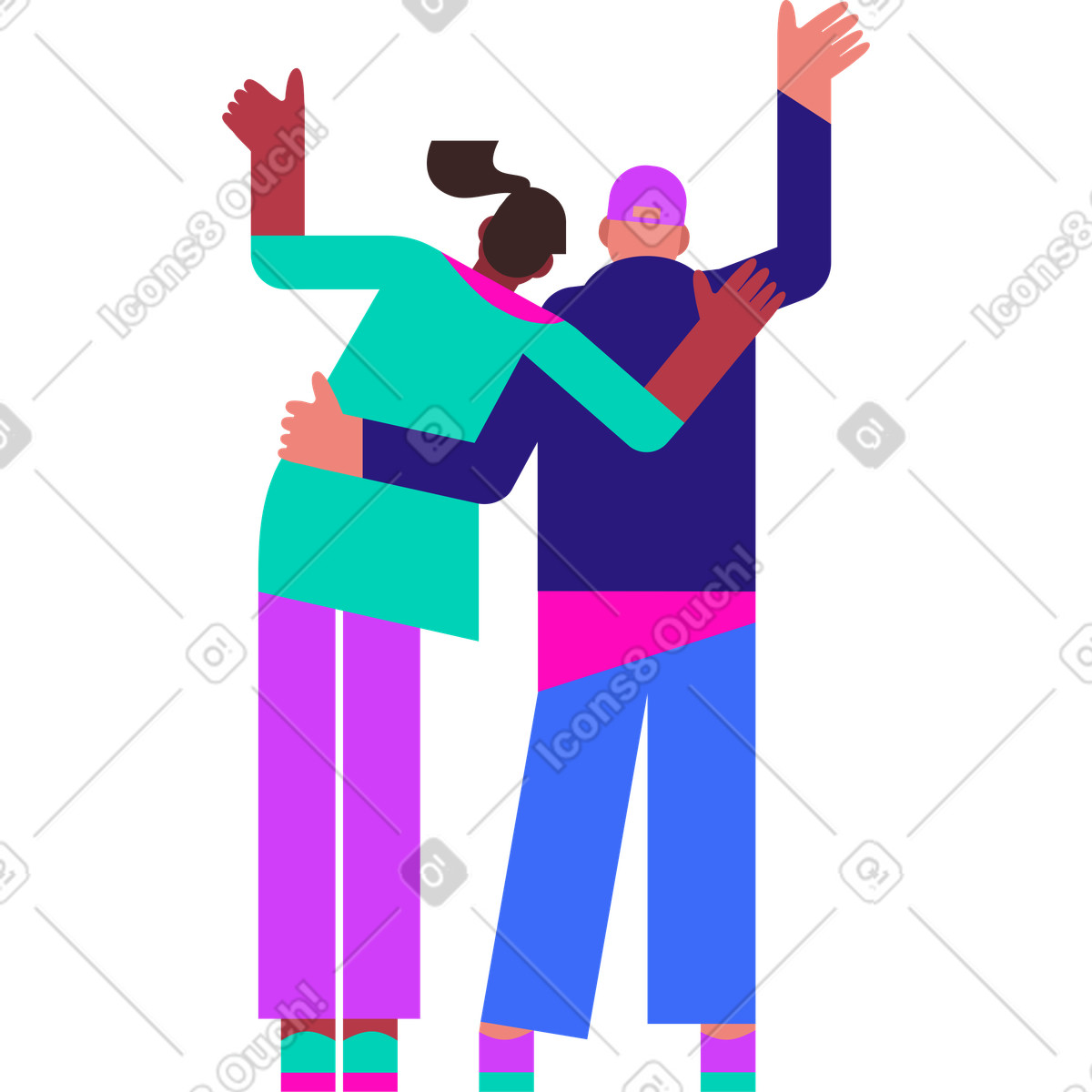 Couple standing hugging and waving illustration clipart in PNG and SVG