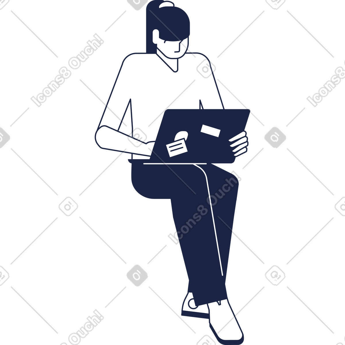 Sitting woman with a laptop on her lap illustration in Urban Line style download in PNG, SVG