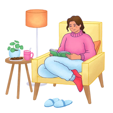 A woman reading a book in a cozy chair - Hue style illustration