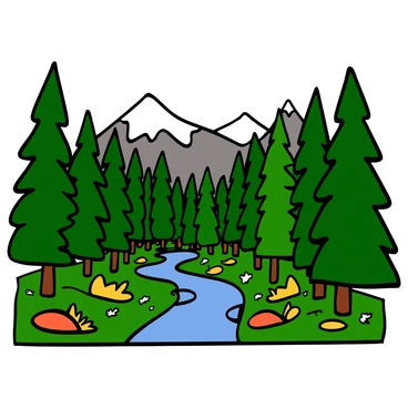 A boreal forest stretching across northern Quebec, featuring tall evergreen trees with thick green needles and clusters of vibrant yellow and orange leaves. The forest floor is covered with a carpet of moss and fallen leaves, with patches of wildflowers peeking through. Sunlight filters through the branches, casting dappled shadows on the ground, while a small clear stream winds gently through the trees, reflecting the colors of the foliage above. In the distance, snow-capped mountains rise against a bright blue sky.