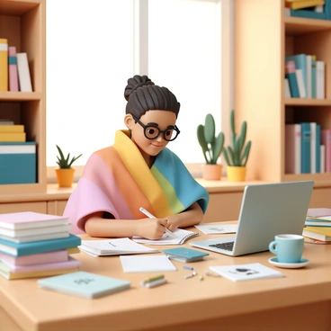 An illustrator wrapped in a cozy blanket while working in a home library