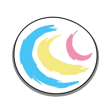 A round plate with a smooth white surface. Bright and contrasting colors swirl across the plate, creating an abstract design that combines deep blues, vibrant yellows, and striking reds. Each color flows into the next with bold brush strokes, creating a dynamic and energetic composition. The plate is positioned on a simple, solid-colored table, emphasizing its role as a unique canvas for the art.