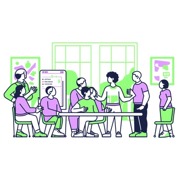 A town hall meeting is taking place in a spacious room filled with residents. In the center, there is a long rectangular table surrounded by several chairs. Some residents are seated while others stand behind them, engaged in a discussion. A woman with curly hair is speaking passionately, gesturing with her hands. Nearby, a man wearing glasses takes notes on a notepad. On one side of the table, a flip chart displays ideas for neighborhood improvements, such as “new parks” and “better lighting.” The walls are lined with posters featuring community initiatives and maps of the neighborhood. A large window lets in natural light, illuminating the room and the engaged faces of the participants.