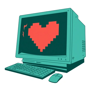 A red pixelated heart is displayed on a teal retro computer screen. The screen is set in an old-fashioned computer monitor with a thick frame. The heart is made up of square pixels, clearly visible against the dark background of the screen. There are faint glowing lines around the heart, emphasizing its pixelated shape. The monitor sits on a wooden desk alongside a vintage keyboard and mouse, completing the retro technology theme.