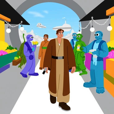 A Jedi dressed in traditional brown robes is walking through a bustling space station. The Jedi has a focused expression, with a lightsaber hanging at their side. Surrounding them are various alien species, each with unique features; one alien has blue skin and large eyes, while another has green scales and multiple arms. The station is filled with colorful market stalls displaying exotic fruits and gadgets. Hanging lights illuminate the walkway, and a holographic display shows advertisements in different languages. Various spacecraft can be seen in the background docked at the station.