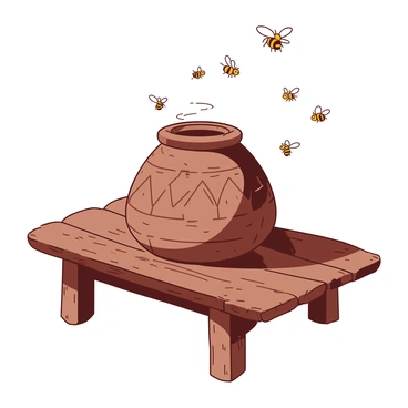 A brown ancient style beehive made of clay stands on a weathered wooden table. The beehive has a textured surface that resembles the patterns of an old urn, with intricate carvings and a round, bulbous shape. Surrounding the beehive, there are small flying bees buzzing in the air, creating a sense of liveliness. Sunlight casts soft shadows over the table, highlighting the unique details of the beehive.