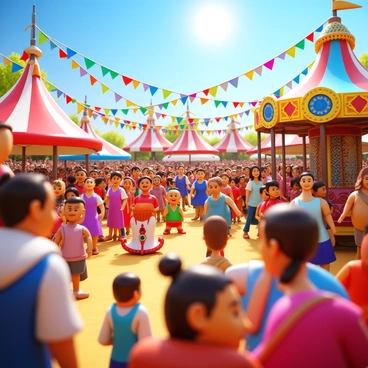 A vibrant festival scene filled with people wearing "traditional costumes" from various cultures. The crowd enjoys a range of "colorful games" and "exciting rides" that create a lively atmosphere. Some attendees are playing "ring toss" while others cheer from the sidelines. Nearby, a group of children smiles as they ride a "carousel adorned with intricate designs." Colorful banners and flags are strung across the area, adding to the festive ambiance. The sun shines brightly over the gathering, illuminating the joyful expressions of the participants.