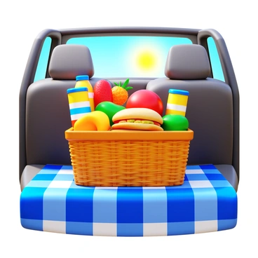 A picnic basket with a blanket and snacks on the backseat of a car