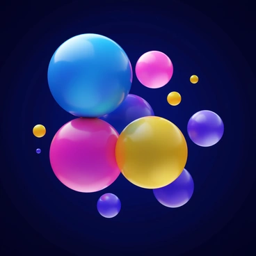 Colorful lipid bubbles of various sizes, each displaying vibrant shades of blue, pink, and yellow, are floating in a serene manner. The bubbles have a glossy, reflective surface that catches light in intriguing ways. The background is a deep, dark color, enhancing the brightness and vividness of the lipid bubbles. Some bubbles are small, while others are larger and slightly translucent, creating a sense of depth and movement in the composition.