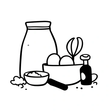 A bag of flour with some flour spilled around it sits next to a wooden bowl filled with granulated sugar. A small dish holds cracked eggs, and a bottle of vanilla extract stands nearby. A rolling pin is placed on the side, and a whisk leans against the bowl. All the ingredients are organized on a textured surface, creating a detailed display of baking essentials.