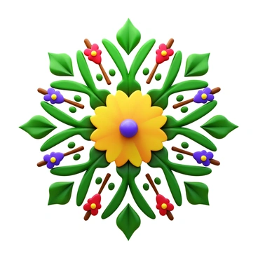 A mandala design composed of various types of green leaves, colorful flowers, and other natural elements. The leaves are arranged in intricate patterns, creating a symmetrical design. The flowers, in shades of red, yellow, and purple, are scattered evenly throughout the mandala, adding vibrant pops of color. Small pebbles and twigs are incorporated into the design, enhancing the natural aesthetic of the mandala. The overall structure is circular, with a harmonious blend of all elements radiating from the center.