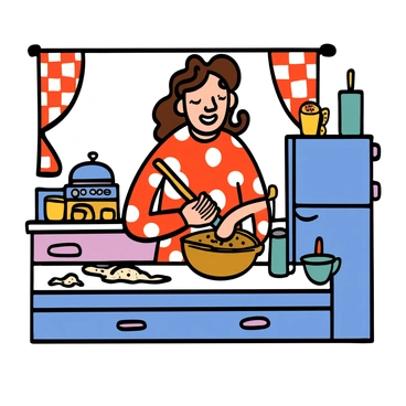 A bubbly pin-up girl with light skin and bright red lipstick is standing in a vintage kitchen, smiling as she bakes a pie. She has long, wavy brown hair styled in playful curls, and is wearing a polka dot dress with a fitted bodice and a flared skirt. The kitchen is adorned with classic checkered curtains and retro appliances. Surrounding her are various baking tools, including a rolling pin, measuring cups, and flour scattered on the countertop. She is mixing ingredients in a bowl, clearly enjoying the process.